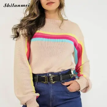 

2019 Fashion Knitted Women Knitwear Rainbow Stripe Autumn Winter Pullover Sweater Causal Pull Femme Ladies Loose Sweaters Jumper