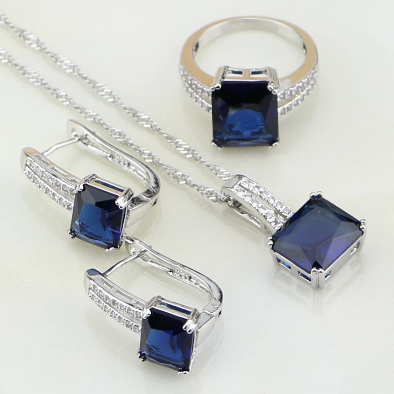 Blue Rhinestone White Cz Costume Jewelry 925 Silver Bridal Jewelry Sets