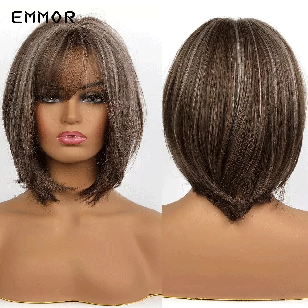 EMMOR Short Straight Light Brown Layered Hair Wig with Highlights for Women Heat Resistant Natural Synthetic Bob Wigs with Bangs