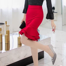 Новая Осенняя юбка с высокой талией женские двойные юбки с оборками Черный Красный офисный женский узкий юбки "рыбий хвост" эластичная женская одежда