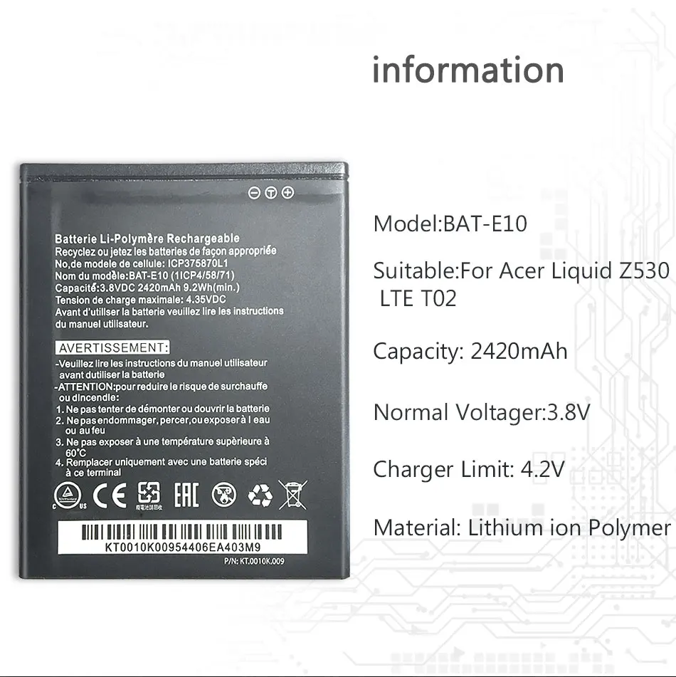 BAT-E10 для acer жидкости Z530 LTE T02 Z530S летучей мыши E10 BAT-E10(1ICP4/58/71) ICP9375870L1 Батарея 2420 Аккумулятор для телефона, мАч