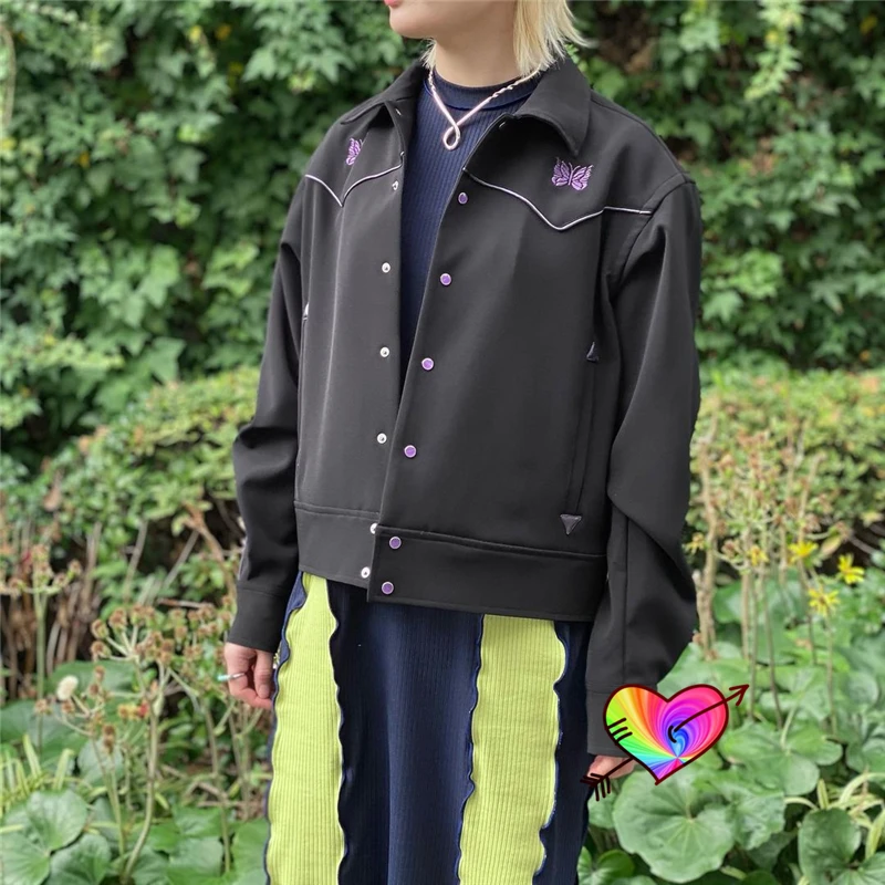 Black Needles Jackets Men Women Purple Stripe Butterfly Embroidery Logo  AWGE NEEDLES Track Jacket High Street Outerwear Coats