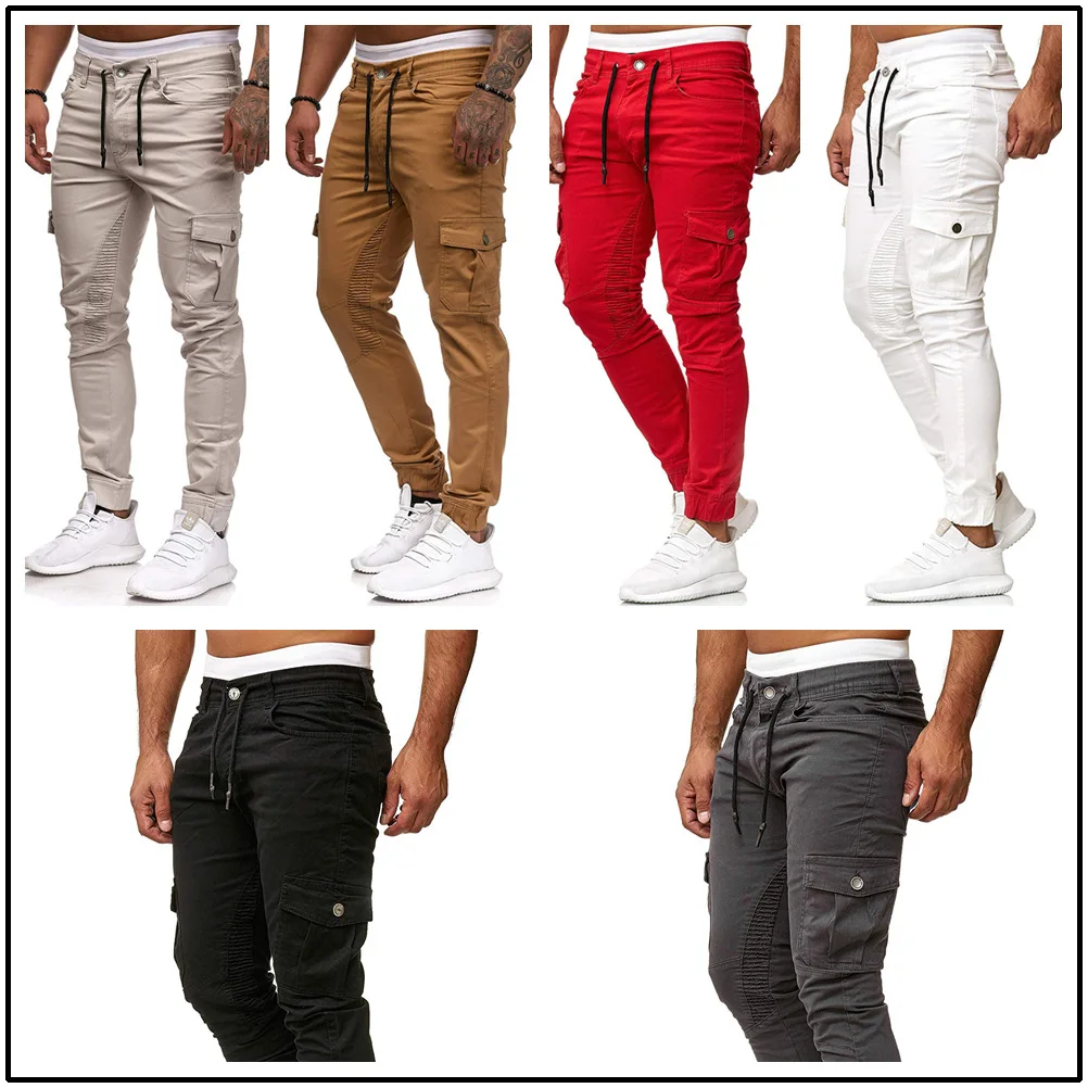 Новые мужские брюки с несколькими карманами, тренировочные штаны с резинкой в талии, мужские брюки в стиле хип-хоп, мужские повседневные однотонные уличные штаны для бега