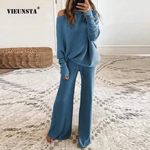 Conjunto de dos piezas de primavera para mujer, top de hombro descubierto con cuello redondo liso y pantalones largos informales, trajes elegantes a juego