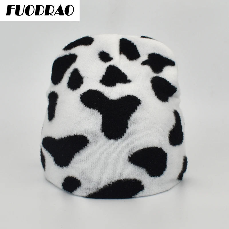 

FUODRAO New 2020 Winter Beanies Hat Women Cows Print Elastic Knitted Cap Girls Warm Ski Hats Bonnet Men Z9