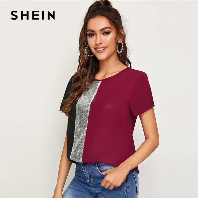 SHEIN модный топ с блестками и контрастной вставкой, Женские топы и блузки,, повседневные летние блузки с коротким рукавом и цветными блоками