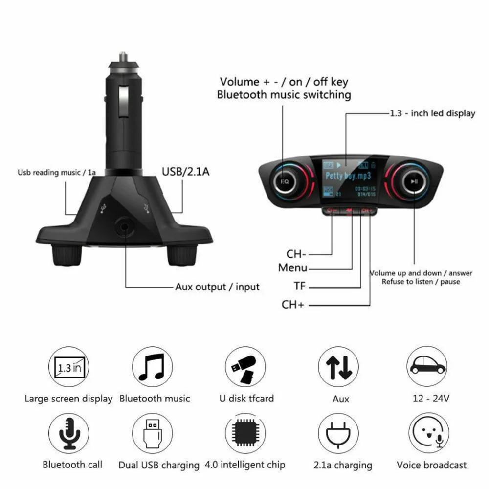 Car Aux bluetooth Handsfree Kit fm transmitter LCD MP3 Player Dual USB Charger 2.1A TF card U Disk Hands Free Car Kit