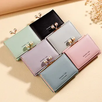

Women Girls Trifold Soft PU Cash Short Wallet Cards Coins Change Pocket Solid Color Clip Purse