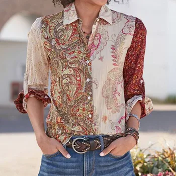 

chun xia temperament of European and American wind new shirt lapel shirt long sleeve style 3 d digital printing joker