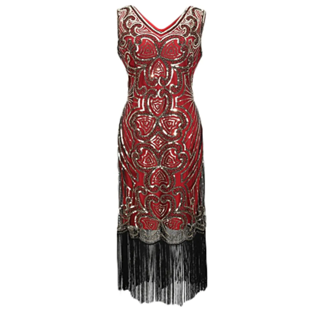 Red Robe hiver femme женское платье 1920s Шаль Обертывание Арт Деко блесток Арт Деко Хлопушка зимнее платье без рукавов vestidos ropa - Цвет: Red