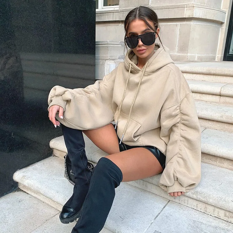 

Autumn/winter 2021 Large Pocket Drawstring Hoodie Loose Solid Oversize Leisure Casual Sports Street Long Women's Sweatshirts