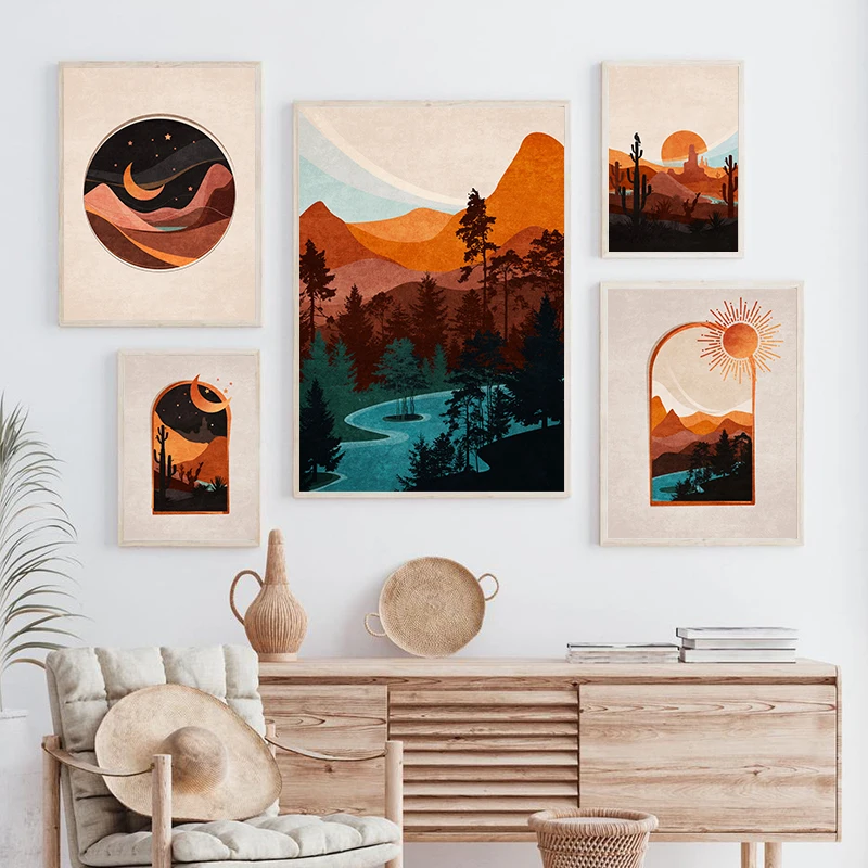 Boho Mountains Landscape Art Prints Canvas Painting Desert Day and Night  Sunrise Sunset Art Pictures Living Room Wall Decor AliExpress