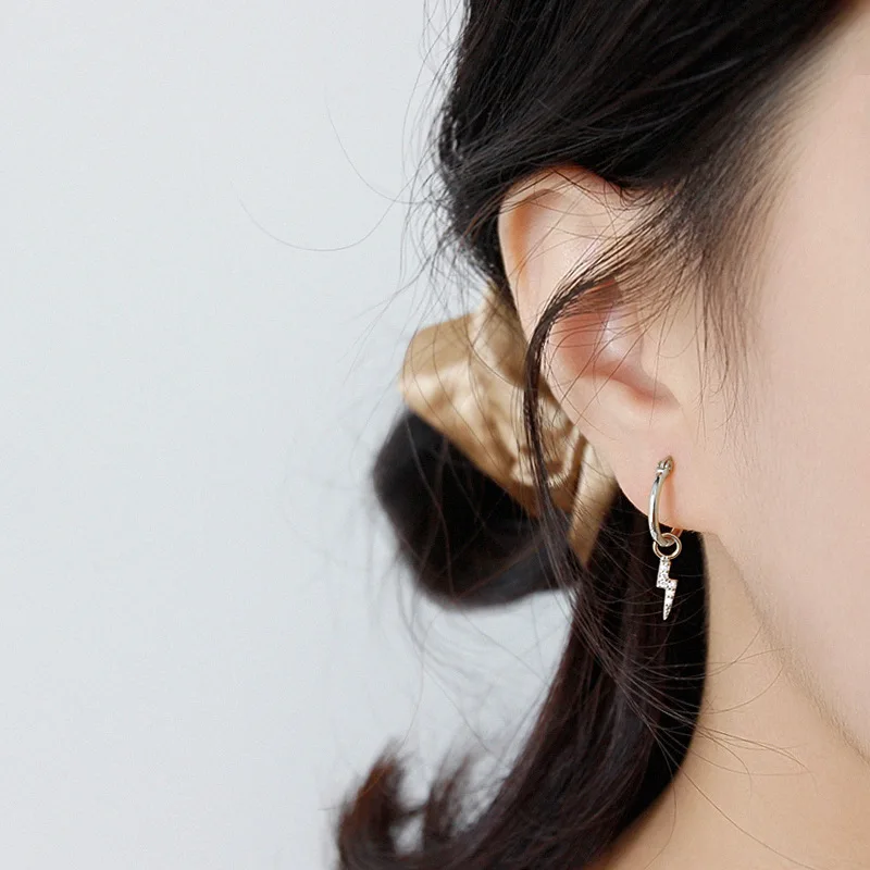 SUNIANGON Small Lightning Hoops Earring 100% 925 Sterling Silver Shiny Zircon Gold Geometric Bending Elegant Women | Украшения и