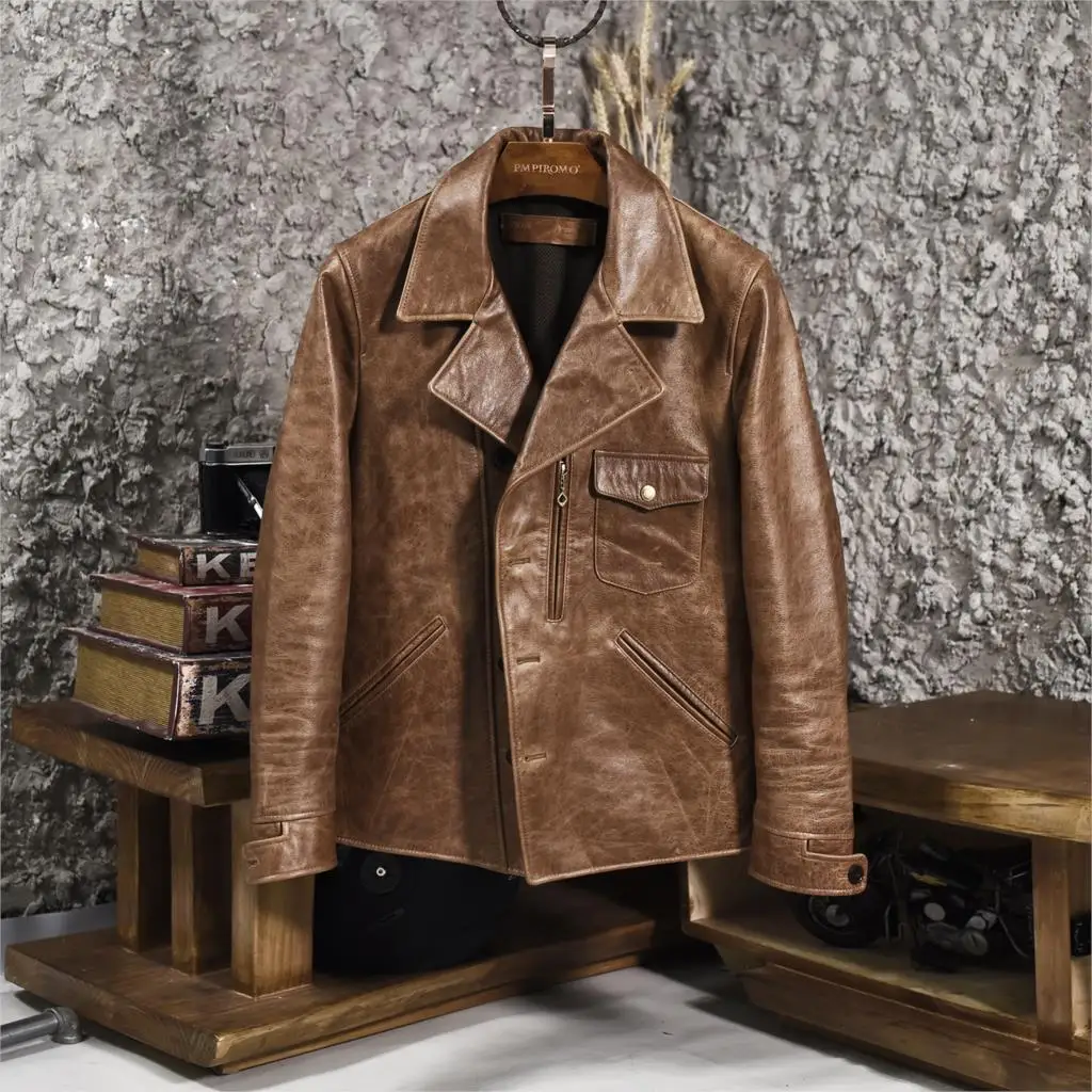Мужская винтажная куртка из воловьей кожи, короткая мотоциклетная куртка с отворотом, однобортная Коричневая байкерская кожаная куртка для мужчин - Цвет: brown