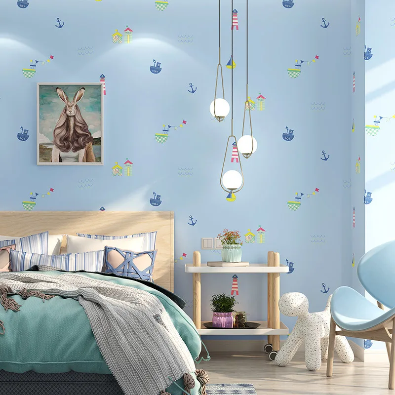 

For Cute Cartoon Wall Papers Mediterranean Kids Boy Girls Room Light Blue Sailing Boat Wallpaper For Living Room Bed Room Walls