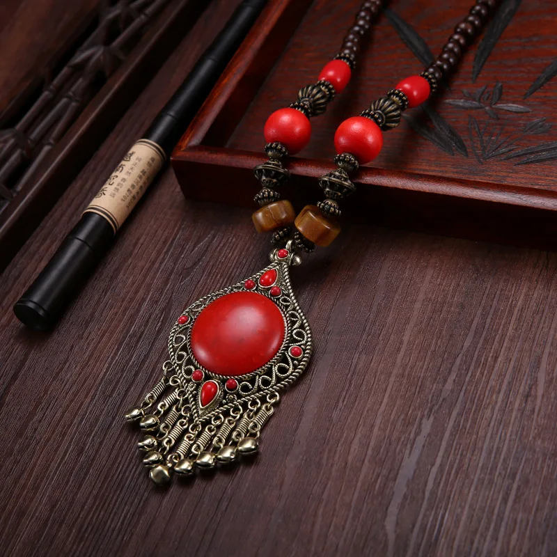 

Tibetan Ethnic-Style Necklace Sweater Chain Wooden Bead Bell Exaggeration Pendant Women's Dance Pendant Photography Performance