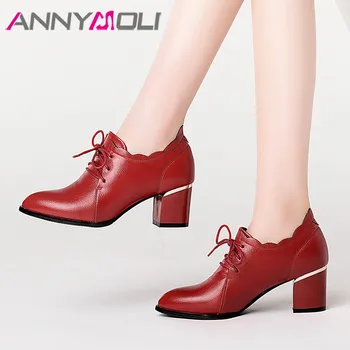 

ANNYMOLI High Heels Women Shoes Lace Up Block High Heel Derby Shoes High Quality Pointed Toe Pumps Lady Red 2020 Plus Size 33-43