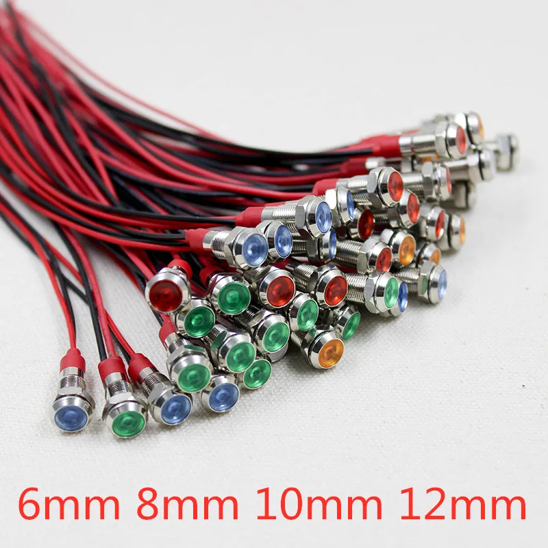 6mm 8mm 10mm 12mm LED Metal Indicator light waterproof Signal lamp with wire 3V 5V 6V 12V 24V 220v red yellow blue green white |