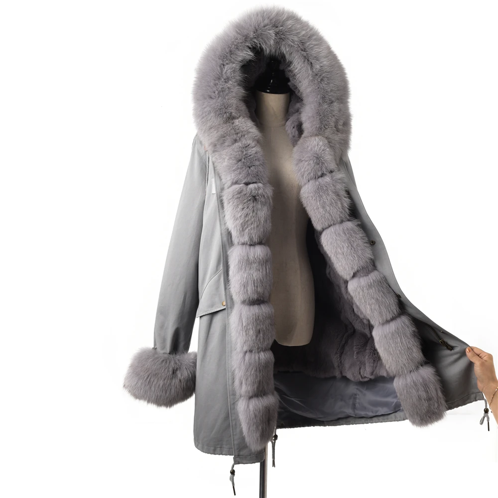 

REOCRV Warterproof Parka Gray Jacket With Gray Fur Natural Fox Fur Parka With Hooded Rex Rabbit Fur Lining Real Fur Parka Women