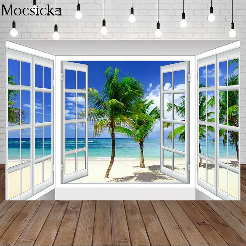 売れ筋公式店 Mocsicka夏背景海砂浜窓ヤシの木青空ハワイ旅行小道具写真撮影の背景写真スタジオ Background 割引セール Sekkomon Jp
