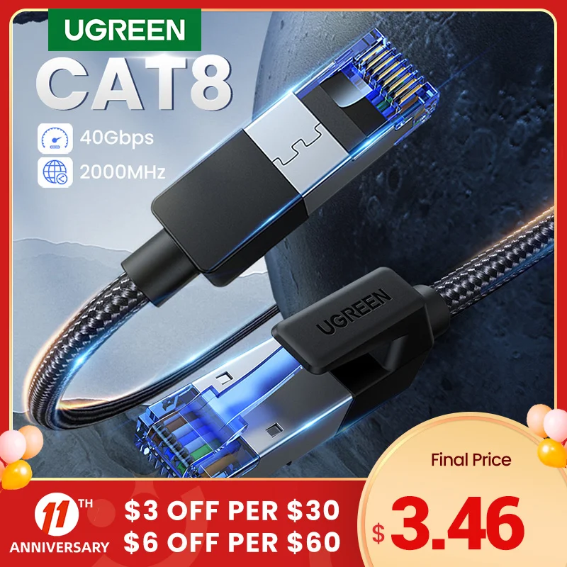 UGREEN Ethernet Cable CAT8 40Gbps 2000MHz CAT 8 Networking Nylon Braided Internet Lan Cord for Laptops PS 4 Router RJ45 Cable