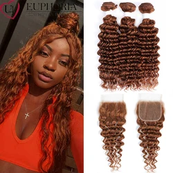 Brazilian Remy Human Hair Deep Wave 3 Bundles With Closure Bundles With Lace Closure 4x4 Blonde 27 30 33 Brown Hair Euphoria