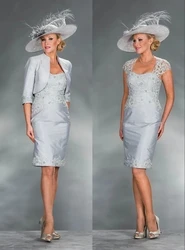 Silver Mother Of The Bride Dresses Sheath With Jacket Taffeta Appliques Plus Size Groom Short Mother Dresses For Wedding