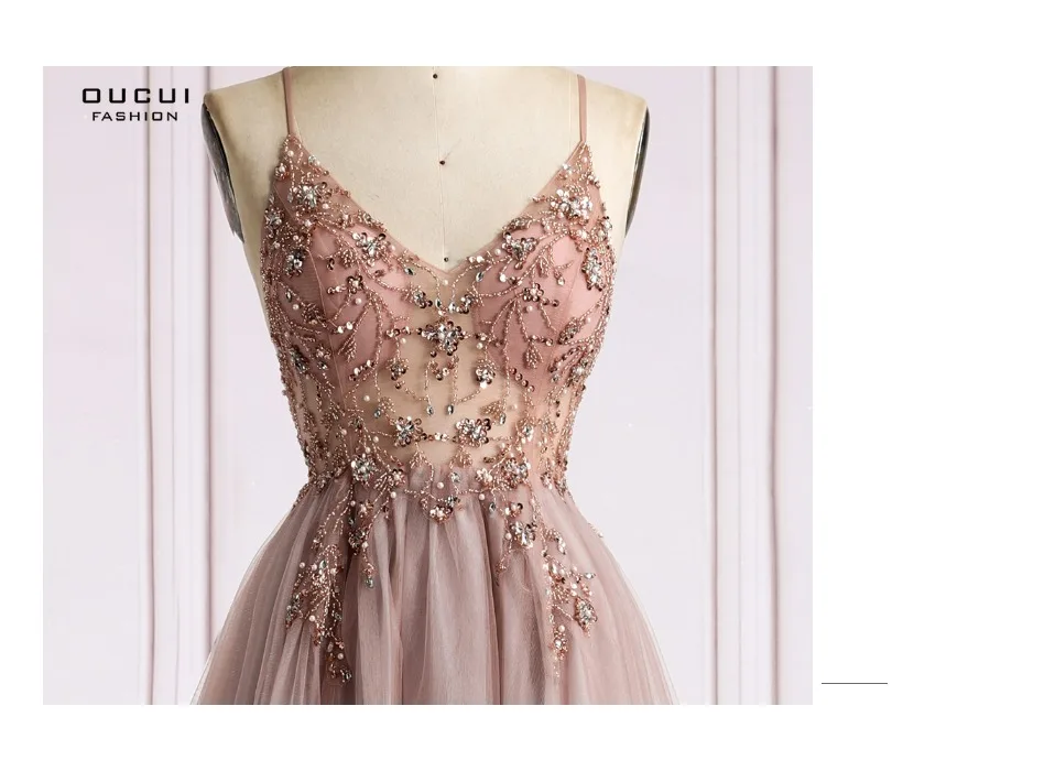 Oucui Dusky Pink Handmade Beaded Prom Dresses 2020 Long Spaghetti Strap See Through Grey Tulle Evening Gown Vestido De Festa