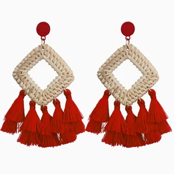 

Women Stud Earrings Boho Rattan Woven Rhombus Tassel Dangle Jewelry Gifts LXH
