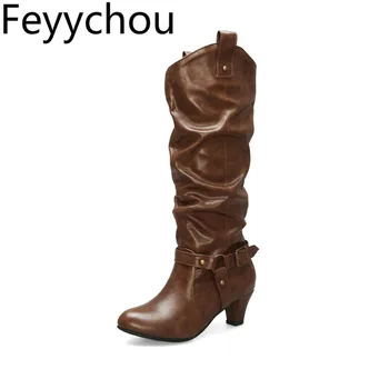 

Women's Boots Autumn Winter High Heel Round Toe Slip on Knee High Motorcycle Shoes Pu 2019 New Sexy Fashion Black Big Size 34-43