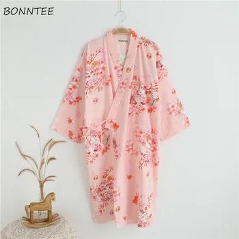 

Robes Women Cotton Gauze Soft Breathable V-neck Japanese-style Kimono Womens Sleepwear Trendy Printed Simple Skin-friendly Chic