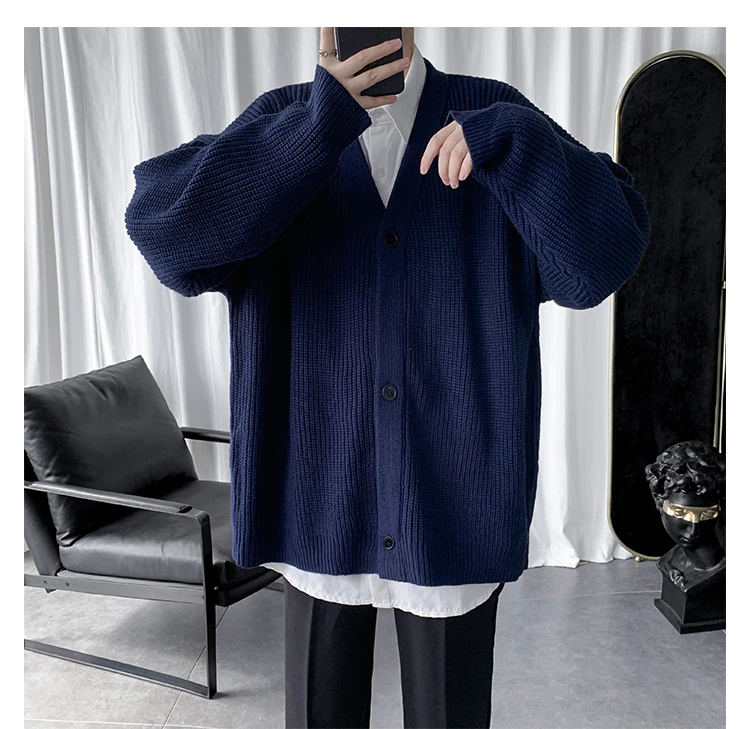 Autumn Winter Cardigan Men's Fashion Solid Color Casual V-neck Knit Sweater Jacket Men Loose Sweater Coat Mens Sweter Clothes