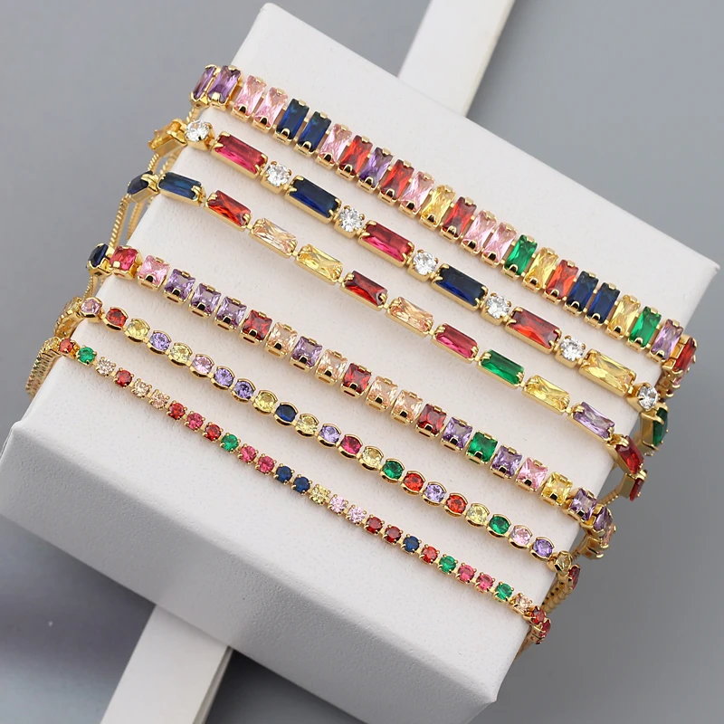 Bracelet Jewelry 18K Gold Plated Baguette Cubic Zirconia Bracelet For Women Men Luxury Jewelry Rainbow CZ Tennis Bangle Girl Gift