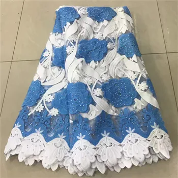 

High-end 2019 blue french lace embroidered tulle lace with heavy stones beaded nigerian Guipure lace fabrics for wedding dress