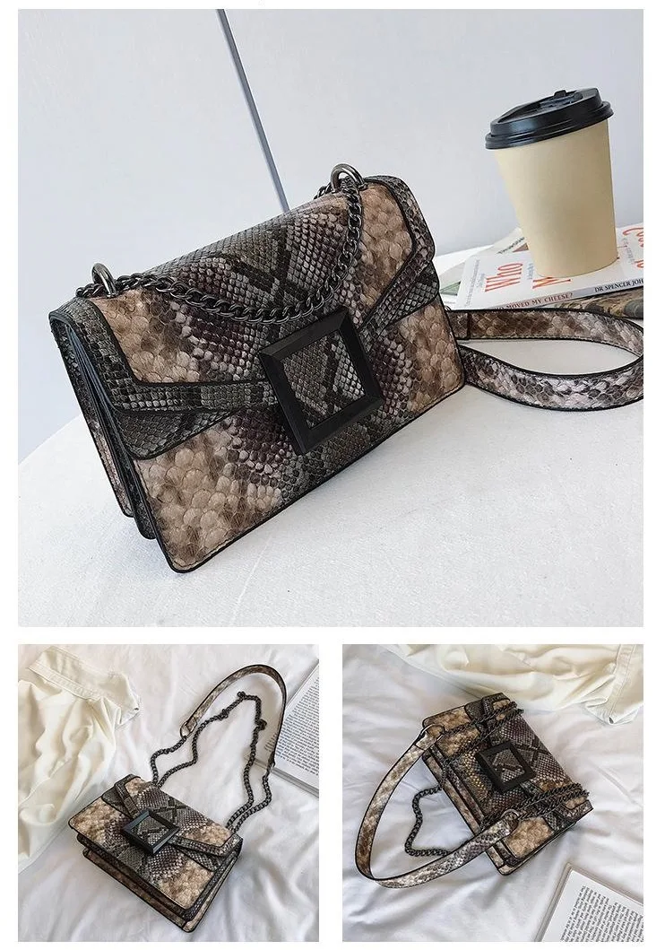 Messenger Bag Serpentine Pattern Crossbody Bag Snake Print Women's Shoulder Bag Stitching Hit Color Chain Small Square Snake Bag