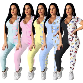 

New Women Jumpsuit Sexy Lady V Neck Short Sleeve Bodycon Bandage Jumpsuit Rompers Plus Size Color Match Tight Bodysuit