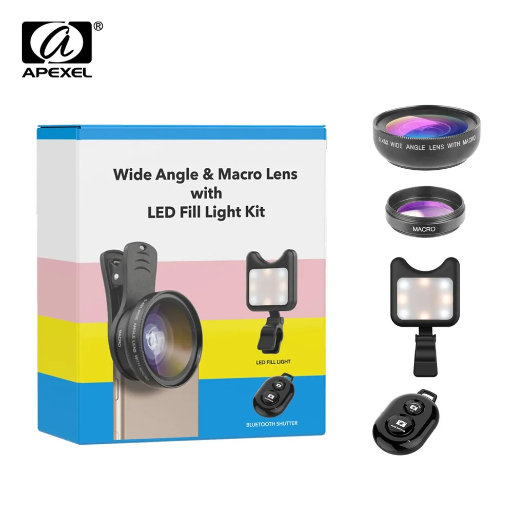 

APEXEL Universal Phone Camera Lens Kit 0.45x Wide Angle Macro Lens+Rechargeable Led Selfie Fill Light For iPhone Samsung Xiaomi