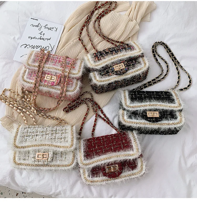 2019 Winter Top Brand Luxury Design Handbag Purse for Women Classic Tweed Flap Shoulder Bag Ladies Wool Plaid Mini Crossbody Bag (1)