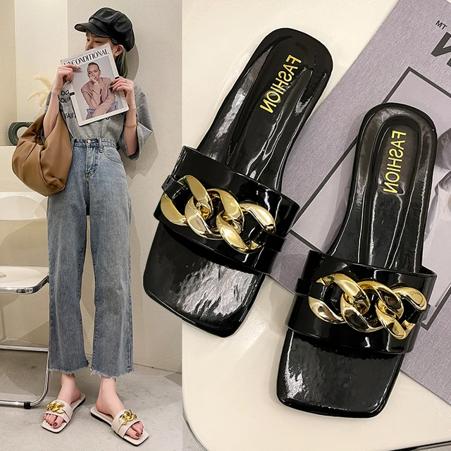 Women's Metal Chain Decor Flat Slippers, Fashion Open Toe Non Slip Patent  Leather Slides Shoes, Casual Outdoor Slippers - Temu United Arab Emirates