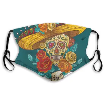 

Mouth Mask,Sanitary Mask,Protection From Dust, Ash,Pollen Face Masks Mexican Festive Hat Skull With Roses Print,S