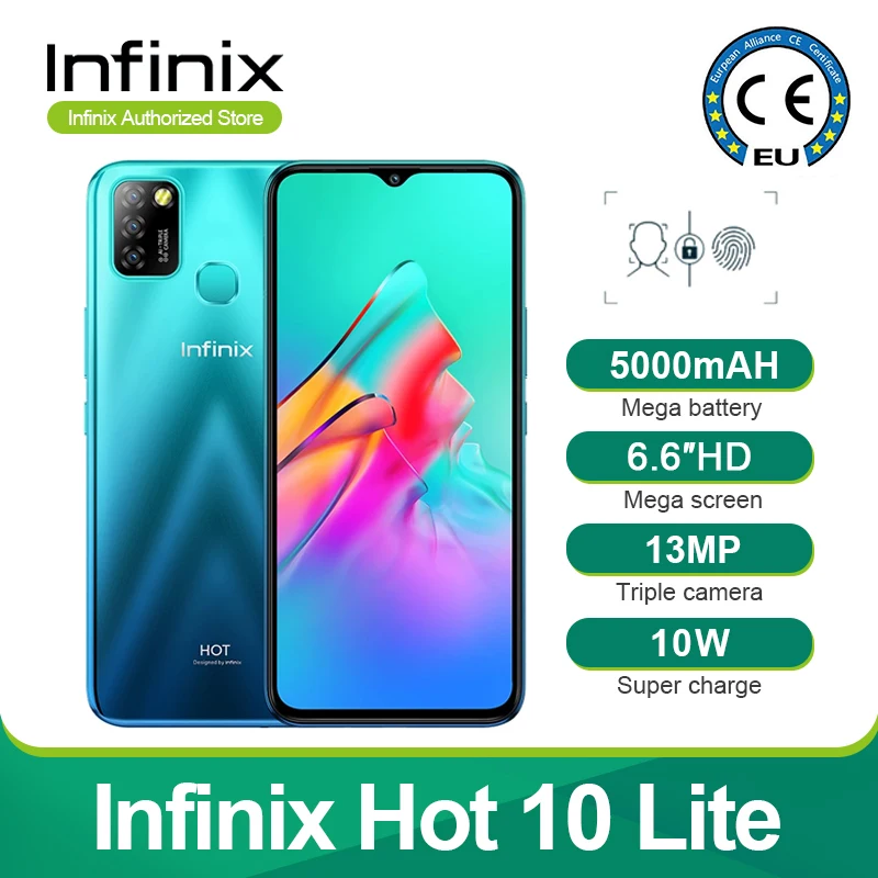 Novo infinix quente 10 lite versão global 2gb 32gb telefone móvel 6.6 core core hd 1600*720p 5000mah bateria 13mp câmera helio a20 quad core