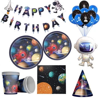 

Outer Space Party Astronaut Rocket Ship paper plate cup napkin bannner Galaxy/Solar System Theme Party Kids Birthday Decoration