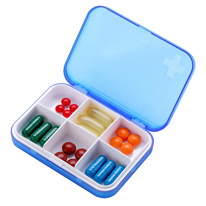Портативный 6 ячеек для путешествий, влагостойкий чехол для хранения лекарств, таблеток, лекарств, контейнер, 4 цвета - Цвет: Синий