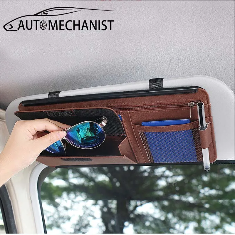 PU Leather Car Sun Visor Storage Clip Visor Organizer For Car Cards Sunglasses Holder Box Auto Sunshade Storage Bag Accessories