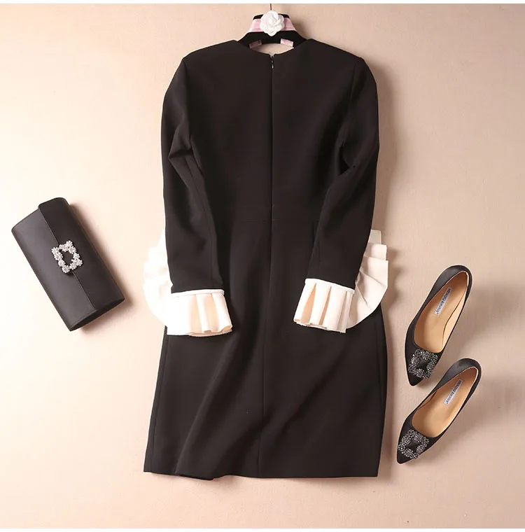 Women plus size dress XXL new winter designer vintage French style color block ruffles flare long sleeve black dresses