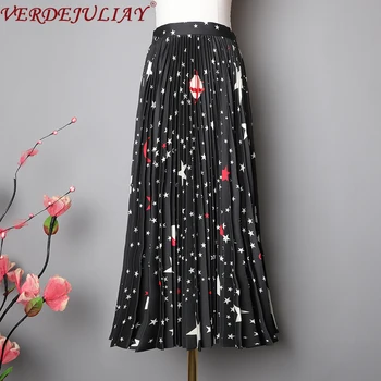 

AELESEEN Runway Fashion Black Skirt 2020 Spring Autumn New Arrival High Quality Stars Print Pleated Casual Long Skirts