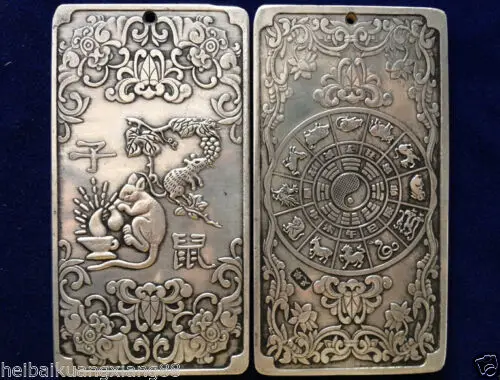 오래 된 티벳 실버 티벳 네팔 동상 부적 중국 조디악 쥐 thangka