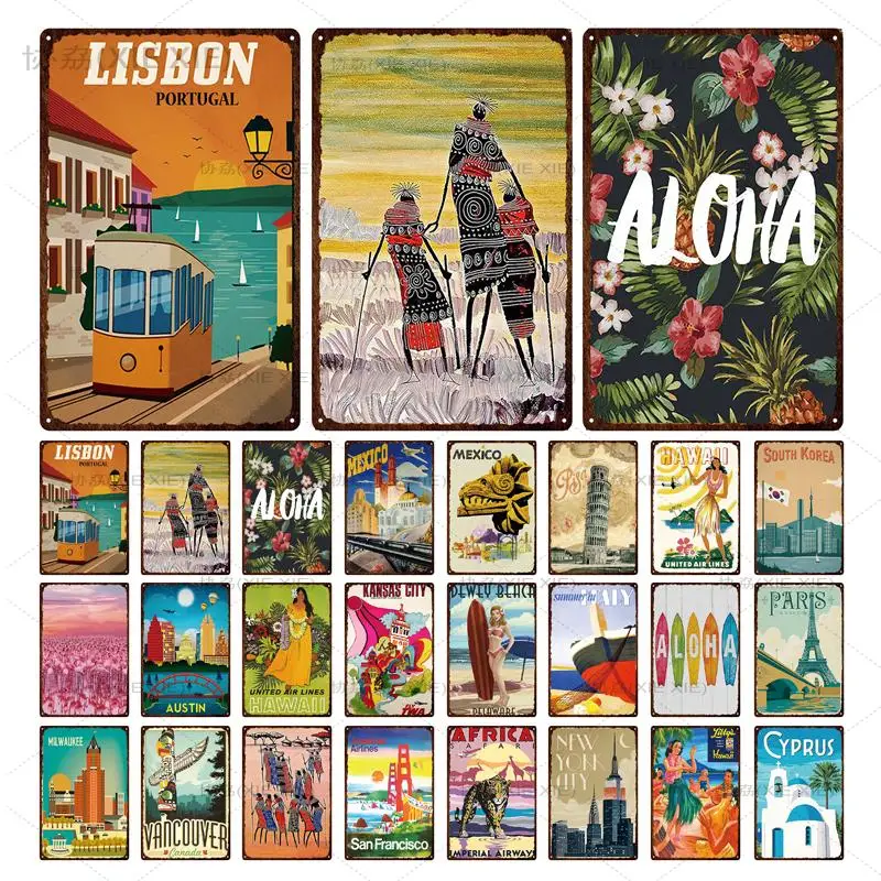 

City Landscape Retro Metal Tin Sign Mexico Hawaii Plaque Metal Wall Decor For Store House Shop Iron Painting Decorative Plate
