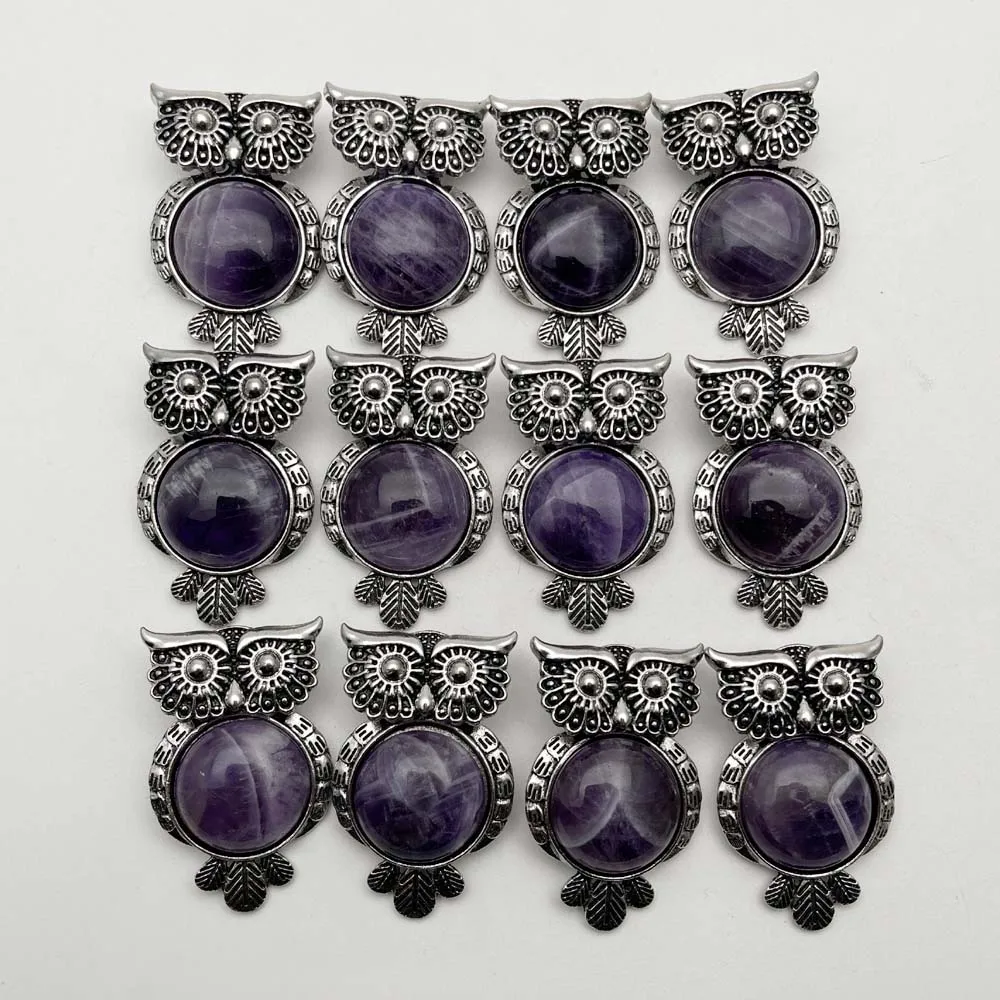 

fashion mixed Natural Stone amethysts owl Alloy Necklace Pendant for Jewelry making charm Pendulum accessories 12pcs wholesale