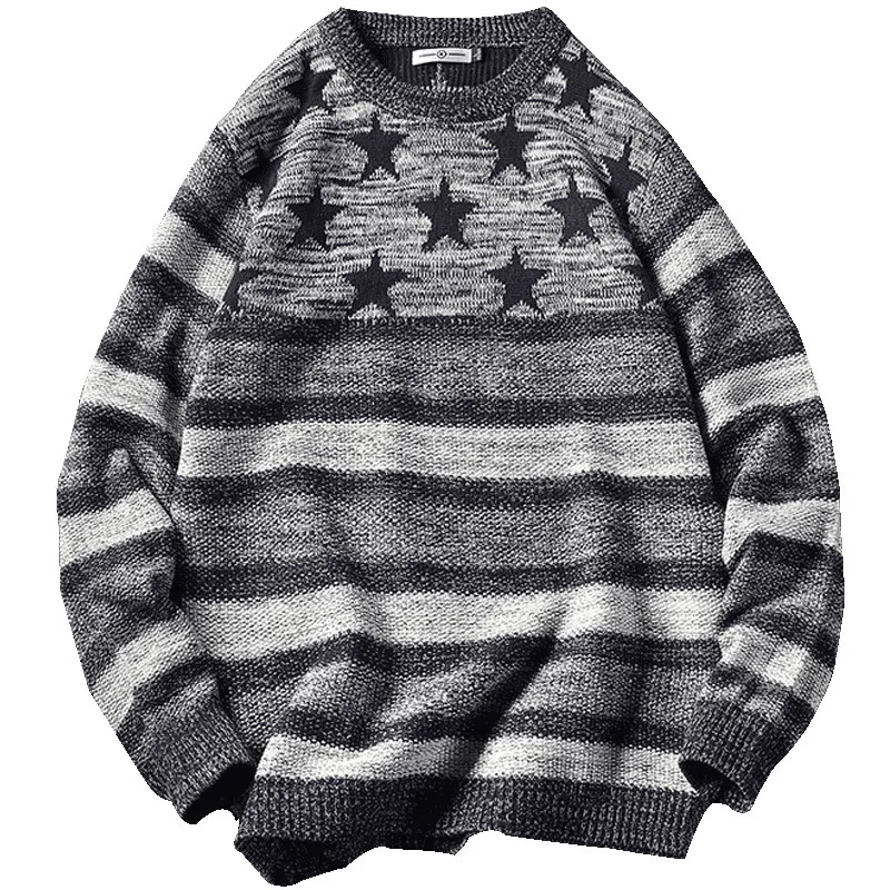 UYUK Autumn Japanese Round Neck Print Geometric Pattern Pullover Temperament Casual Large Size Trend Men's Sweaters Homme